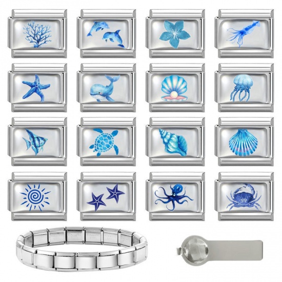 Picture of 1 Piece 304 Stainless Steel Exquisite Italian Charm Links For DIY Bracelet Jewelry Making Silver Tone Blue Rectangle Dolphin 10mm x 9mm