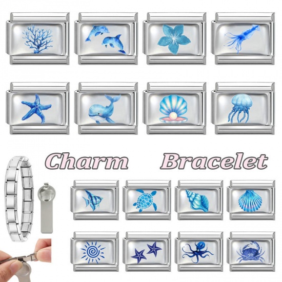 Picture of 1 Piece 304 Stainless Steel Exquisite Italian Charm Links For DIY Bracelet Jewelry Making Silver Tone Blue Rectangle Dolphin 10mm x 9mm