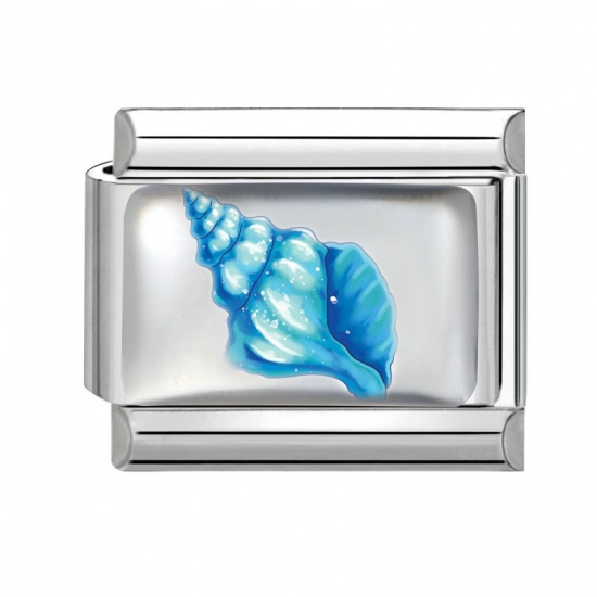 Picture of 1 Piece 304 Stainless Steel Exquisite Italian Charm Links For DIY Bracelet Jewelry Making Silver Tone Blue Rectangle Conch Sea Snail 10mm x 9mm