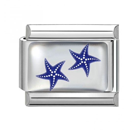 Picture of 1 Piece 304 Stainless Steel Exquisite Italian Charm Links For DIY Bracelet Jewelry Making Silver Tone Blue Rectangle Star Fish 10mm x 9mm