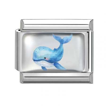 Picture of 1 Piece 304 Stainless Steel Exquisite Italian Charm Links For DIY Bracelet Jewelry Making Silver Tone Blue Rectangle Whale Animal 10mm x 9mm