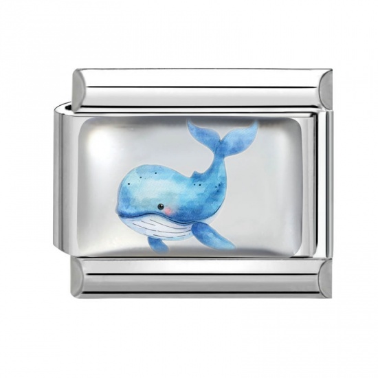 Picture of 1 Piece 304 Stainless Steel Exquisite Italian Charm Links For DIY Bracelet Jewelry Making Silver Tone Blue Rectangle Whale Animal 10mm x 9mm