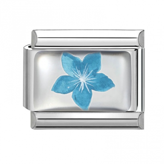 Picture of 1 Piece 304 Stainless Steel Exquisite Italian Charm Links For DIY Bracelet Jewelry Making Silver Tone Blue Rectangle Flower 10mm x 9mm