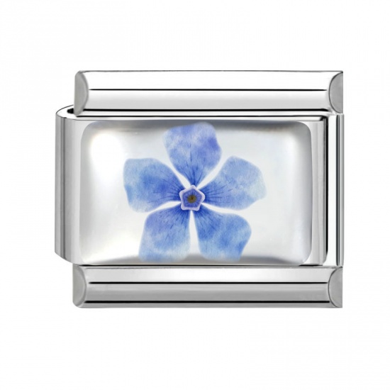 Picture of 1 Piece 304 Stainless Steel Exquisite Italian Charm Links For DIY Bracelet Jewelry Making Silver Tone Blue Rectangle Flower 10mm x 9mm