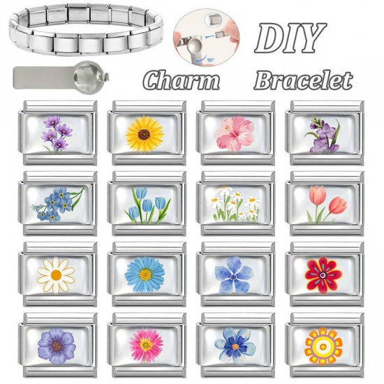 Picture of 1 Piece 304 Stainless Steel Exquisite Italian Charm Links For DIY Bracelet Jewelry Making Silver Tone Blue Rectangle Flower 10mm x 9mm