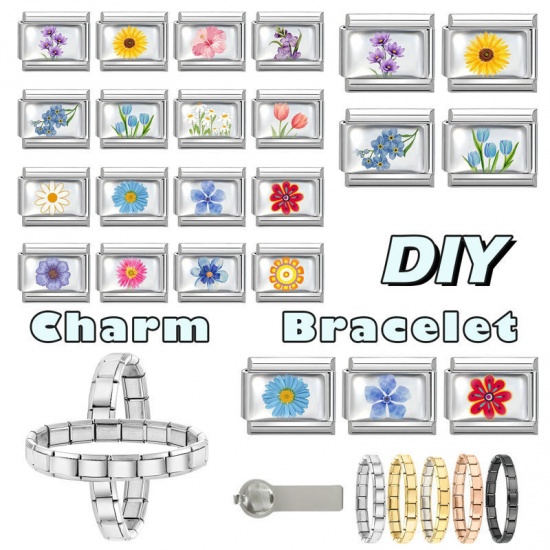 Picture of 1 Piece 304 Stainless Steel Exquisite Italian Charm Links For DIY Bracelet Jewelry Making Silver Tone Blue Rectangle Flower 10mm x 9mm