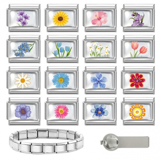 Picture of 1 Piece 304 Stainless Steel Exquisite Italian Charm Links For DIY Bracelet Jewelry Making Silver Tone Blue Rectangle Flower 10mm x 9mm