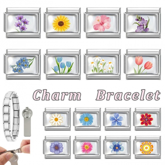 Picture of 1 Piece 304 Stainless Steel Exquisite Italian Charm Links For DIY Bracelet Jewelry Making Silver Tone Blue Rectangle Flower 10mm x 9mm