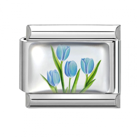 Picture of 1 Piece 304 Stainless Steel Exquisite Italian Charm Links For DIY Bracelet Jewelry Making Silver Tone Blue Rectangle Tulip Flower 10mm x 9mm
