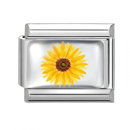 Picture of 1 Piece 304 Stainless Steel Exquisite Italian Charm Links For DIY Bracelet Jewelry Making Silver Tone Yellow Rectangle Daisy Flower 10mm x 9mm