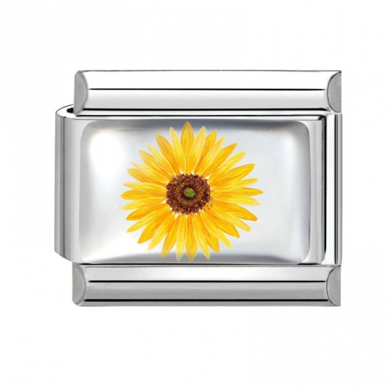 Picture of 1 Piece 304 Stainless Steel Exquisite Italian Charm Links For DIY Bracelet Jewelry Making Silver Tone Yellow Rectangle Daisy Flower 10mm x 9mm