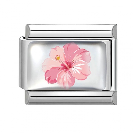 Picture of 1 Piece 304 Stainless Steel Exquisite Italian Charm Links For DIY Bracelet Jewelry Making Silver Tone Pink Rectangle Flower 10mm x 9mm
