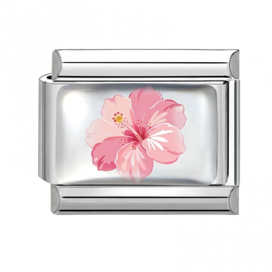 Picture of 1 Piece 304 Stainless Steel Exquisite Italian Charm Links For DIY Bracelet Jewelry Making Silver Tone Pink Rectangle Flower 10mm x 9mm