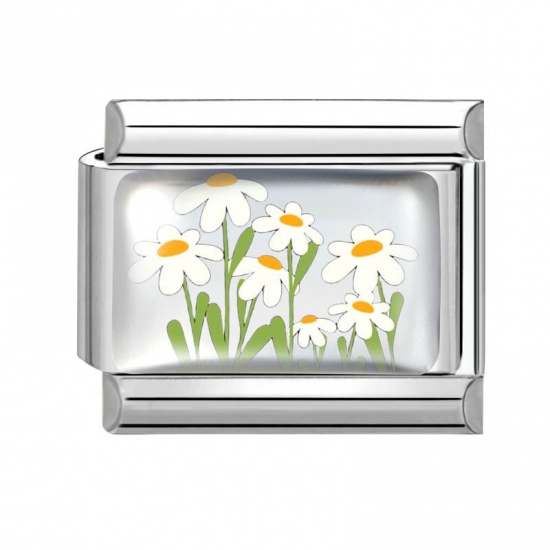 Picture of 1 Piece 304 Stainless Steel Exquisite Italian Charm Links For DIY Bracelet Jewelry Making Silver Tone Multicolor Rectangle Flower 10mm x 9mm