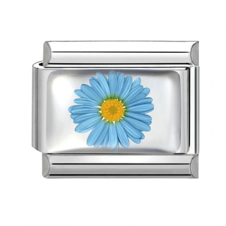 Picture of 1 Piece 304 Stainless Steel Exquisite Italian Charm Links For DIY Bracelet Jewelry Making Silver Tone Blue Rectangle Daisy Flower 10mm x 9mm