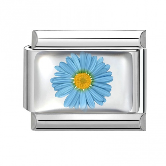 Picture of 1 Piece 304 Stainless Steel Exquisite Italian Charm Links For DIY Bracelet Jewelry Making Silver Tone Blue Rectangle Daisy Flower 10mm x 9mm