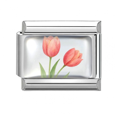 Picture of 1 Piece 304 Stainless Steel Exquisite Italian Charm Links For DIY Bracelet Jewelry Making Silver Tone Multicolor Rectangle Tulip Flower 10mm x 9mm