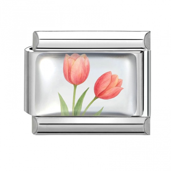 Picture of 1 Piece 304 Stainless Steel Exquisite Italian Charm Links For DIY Bracelet Jewelry Making Silver Tone Multicolor Rectangle Tulip Flower 10mm x 9mm