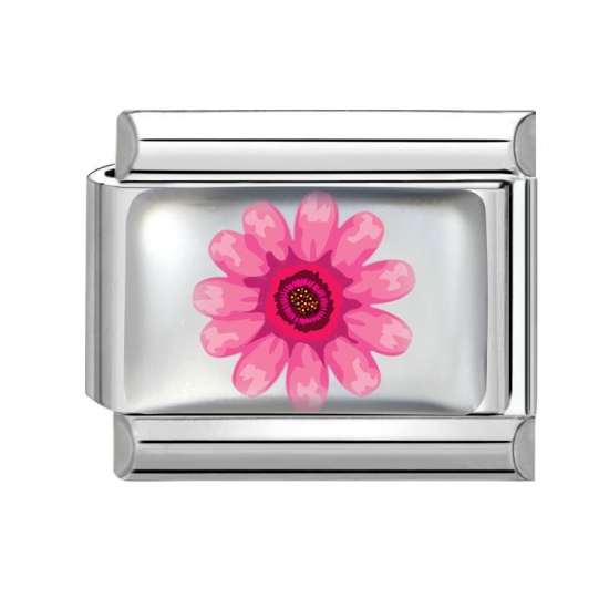 Picture of 1 Piece 304 Stainless Steel Exquisite Italian Charm Links For DIY Bracelet Jewelry Making Silver Tone Pink Rectangle Flower 10mm x 9mm