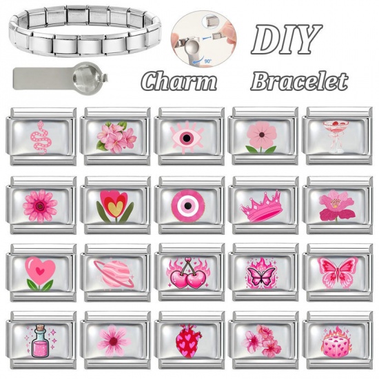 Picture of 1 Piece 304 Stainless Steel Exquisite Italian Charm Links For DIY Bracelet Jewelry Making Silver Tone Pink Rectangle Flower 10mm x 9mm