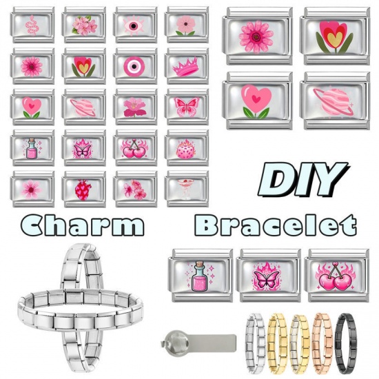 Picture of 1 Piece 304 Stainless Steel Exquisite Italian Charm Links For DIY Bracelet Jewelry Making Silver Tone Pink Rectangle Flower 10mm x 9mm