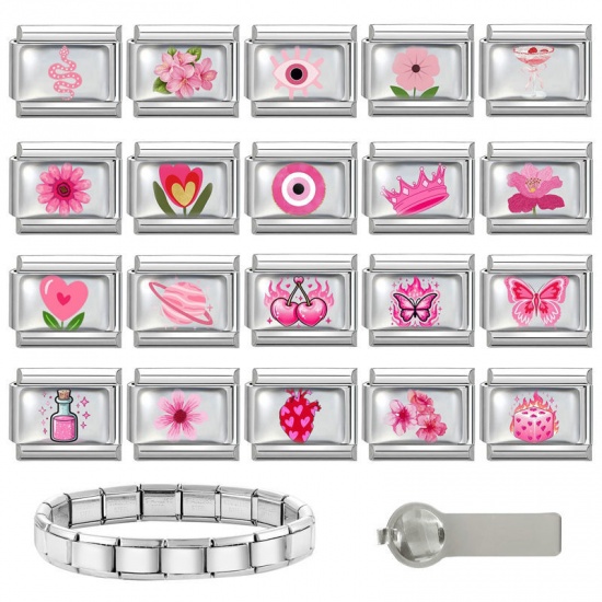 Picture of 1 Piece 304 Stainless Steel Exquisite Italian Charm Links For DIY Bracelet Jewelry Making Silver Tone Pink Rectangle Flower 10mm x 9mm