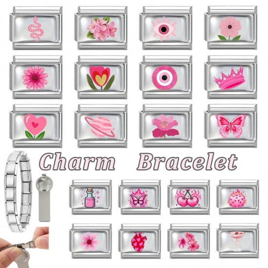 Picture of 1 Piece 304 Stainless Steel Exquisite Italian Charm Links For DIY Bracelet Jewelry Making Silver Tone Pink Rectangle Flower 10mm x 9mm