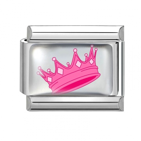 Picture of 1 Piece 304 Stainless Steel Exquisite Italian Charm Links For DIY Bracelet Jewelry Making Silver Tone Pink Rectangle Crown 10mm x 9mm