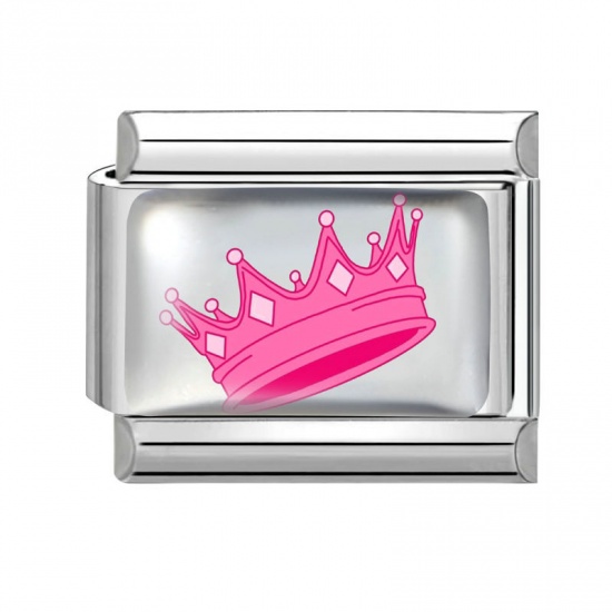 Picture of 1 Piece 304 Stainless Steel Exquisite Italian Charm Links For DIY Bracelet Jewelry Making Silver Tone Pink Rectangle Crown 10mm x 9mm