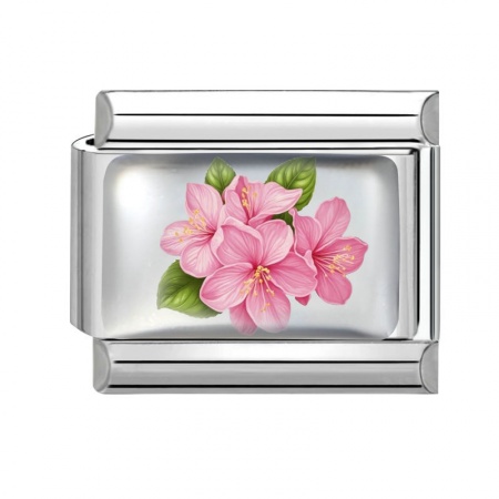 Picture of 1 Piece 304 Stainless Steel Exquisite Italian Charm Links For DIY Bracelet Jewelry Making Silver Tone Pink Rectangle Flower 10mm x 9mm