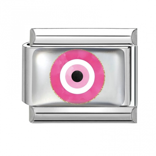 Picture of 1 Piece 304 Stainless Steel Exquisite Italian Charm Links For DIY Bracelet Jewelry Making Silver Tone Pink Rectangle Evil Eye 10mm x 9mm