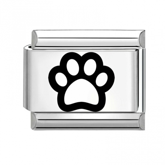 Picture of 1 Piece 304 Stainless Steel Exquisite Italian Charm Links For DIY Bracelet Jewelry Making Silver Tone Black Rectangle Paw Print 10mm x 9mm
