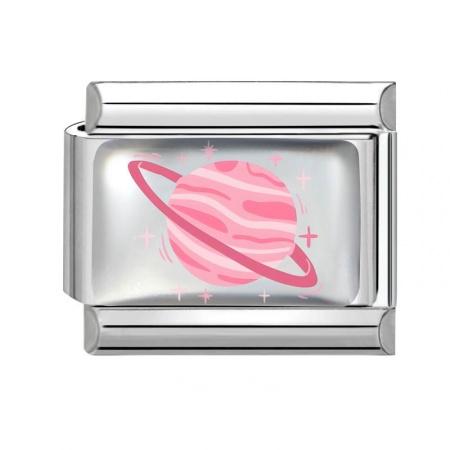 Picture of 1 Piece 304 Stainless Steel Exquisite Italian Charm Links For DIY Bracelet Jewelry Making Silver Tone Pink Rectangle Universe Planet 10mm x 9mm