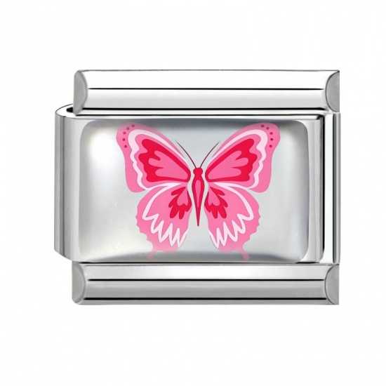 Picture of 1 Piece 304 Stainless Steel Exquisite Italian Charm Links For DIY Bracelet Jewelry Making Silver Tone Pink Rectangle Butterfly 10mm x 9mm