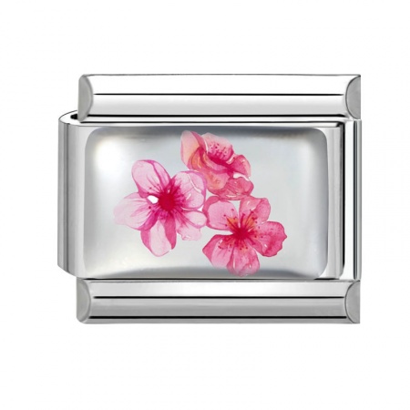 Picture of 1 Piece 304 Stainless Steel Exquisite Italian Charm Links For DIY Bracelet Jewelry Making Silver Tone Pink Rectangle Flower 10mm x 9mm