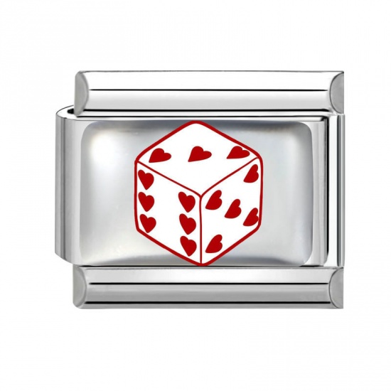 Picture of 1 Piece 304 Stainless Steel Exquisite Italian Charm Links For DIY Bracelet Jewelry Making Silver Tone Red Rectangle Dice 10mm x 9mm