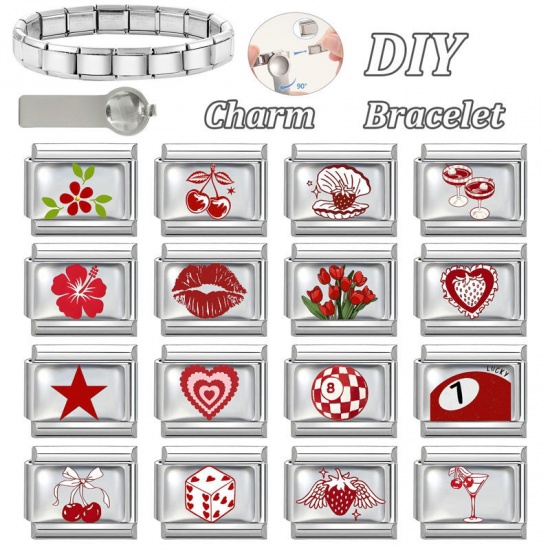 Picture of 1 Piece 304 Stainless Steel Exquisite Italian Charm Links For DIY Bracelet Jewelry Making Silver Tone Red Rectangle Dice 10mm x 9mm