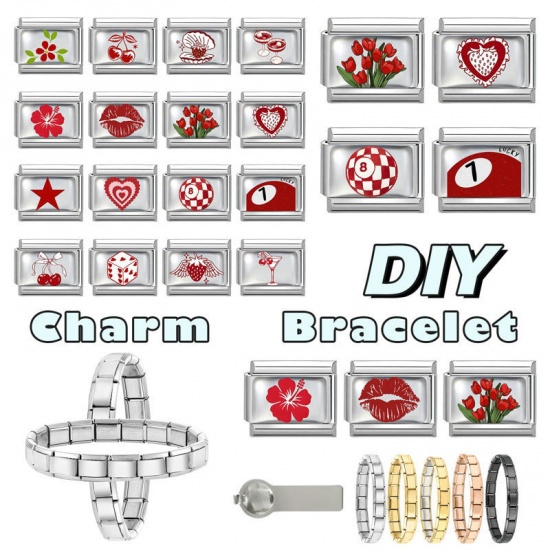 Picture of 1 Piece 304 Stainless Steel Exquisite Italian Charm Links For DIY Bracelet Jewelry Making Silver Tone Red Rectangle Dice 10mm x 9mm