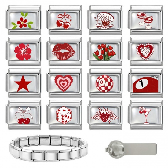Picture of 1 Piece 304 Stainless Steel Exquisite Italian Charm Links For DIY Bracelet Jewelry Making Silver Tone Red Rectangle Dice 10mm x 9mm