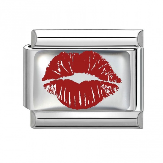 Picture of 1 Piece 304 Stainless Steel Valentine's Day Italian Charm Links For DIY Bracelet Jewelry Making Silver Tone Red Rectangle Lip 10mm x 9mm