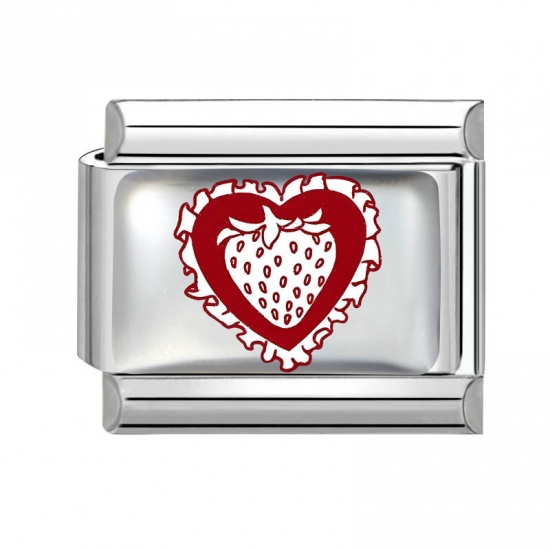 Picture of 1 Piece 304 Stainless Steel Valentine's Day Italian Charm Links For DIY Bracelet Jewelry Making Silver Tone Red Rectangle Heart 10mm x 9mm
