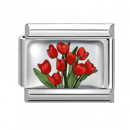 Picture of 1 Piece 304 Stainless Steel Exquisite Italian Charm Links For DIY Bracelet Jewelry Making Silver Tone Red Rectangle Tulip Flower 10mm x 9mm