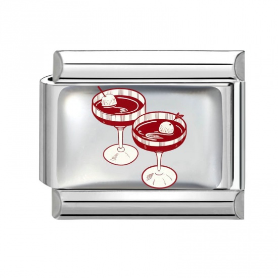 Picture of 1 Piece 304 Stainless Steel Exquisite Italian Charm Links For DIY Bracelet Jewelry Making Silver Tone Red Rectangle Cup 10mm x 9mm