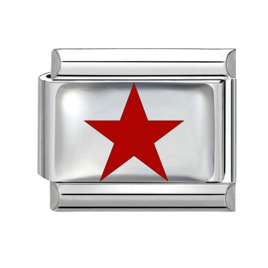 Picture of 1 Piece 304 Stainless Steel Exquisite Italian Charm Links For DIY Bracelet Jewelry Making Silver Tone Red Rectangle Pentagram Star 10mm x 9mm
