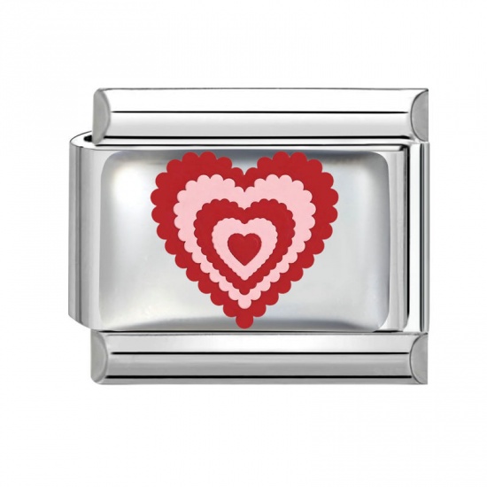 Picture of 1 Piece 304 Stainless Steel Valentine's Day Italian Charm Links For DIY Bracelet Jewelry Making Silver Tone Red Rectangle Heart 10mm x 9mm