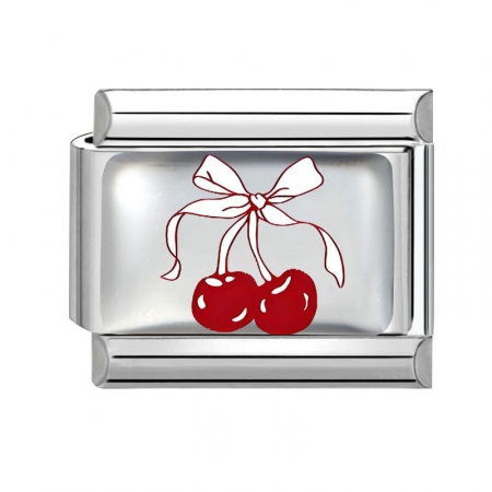 Picture of 1 Piece 304 Stainless Steel Exquisite Italian Charm Links For DIY Bracelet Jewelry Making Silver Tone Red Rectangle Cherry Fruit 10mm x 9mm