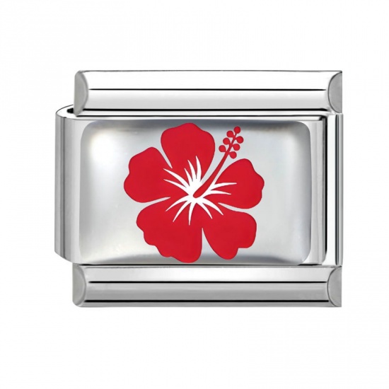 Picture of 1 Piece 304 Stainless Steel Exquisite Italian Charm Links For DIY Bracelet Jewelry Making Silver Tone Red Rectangle Flower 10mm x 9mm