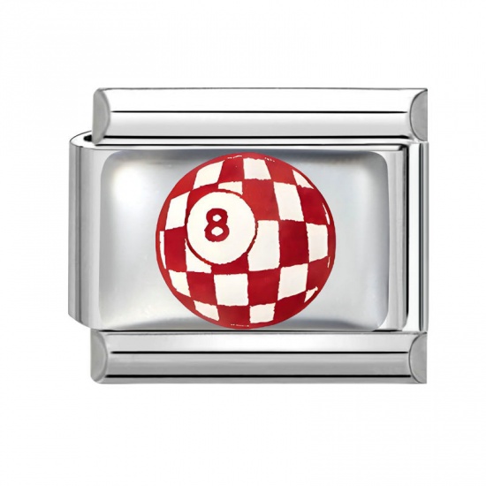 Picture of 1 Piece 304 Stainless Steel Exquisite Italian Charm Links For DIY Bracelet Jewelry Making Silver Tone Red Rectangle No.8 Billiard Pool Ball 10mm x 9mm