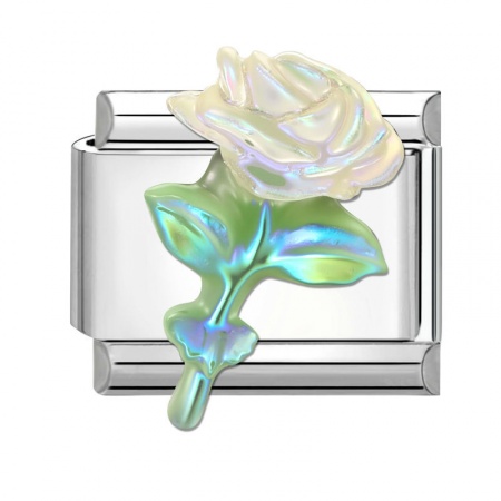 Picture of 1 Piece 304 Stainless Steel Exquisite Italian Charm Links For DIY Modular Bracelet Watch Jewelry Making Wholesale Silver Tone White Rectangle Rose Flower 10mm x 9mm
