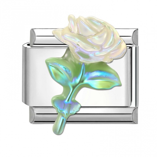 Picture of 1 Piece 304 Stainless Steel Exquisite Italian Charm Links For DIY Modular Bracelet Watch Jewelry Making Wholesale Silver Tone White Rectangle Rose Flower 10mm x 9mm